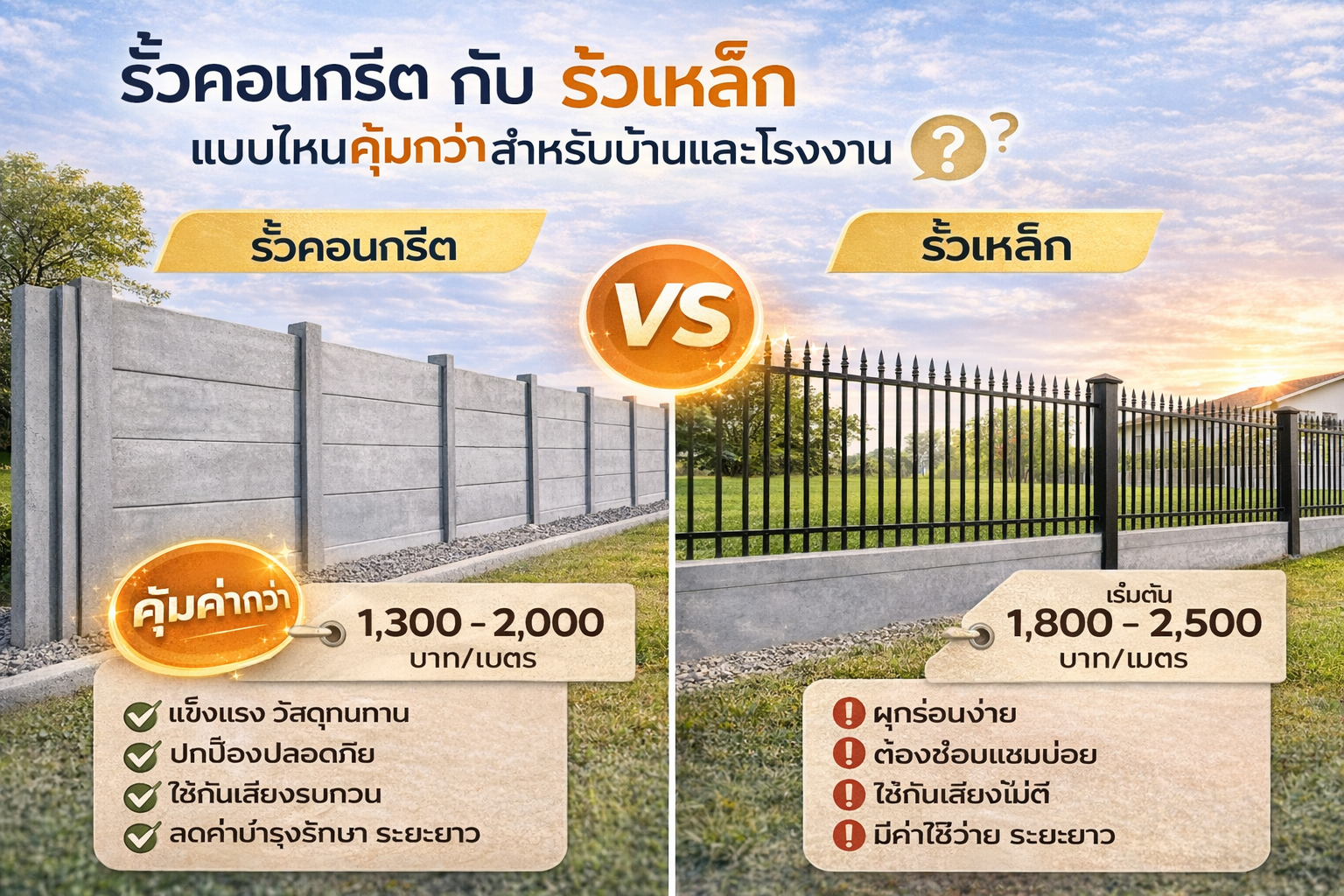 เปรียบเทียบรั้วคอนกรีตสำเร็จรูปกับรั้วเหล็ก แบบไหนคุ้มกว่าสำหรับบ้านและโรงงาน